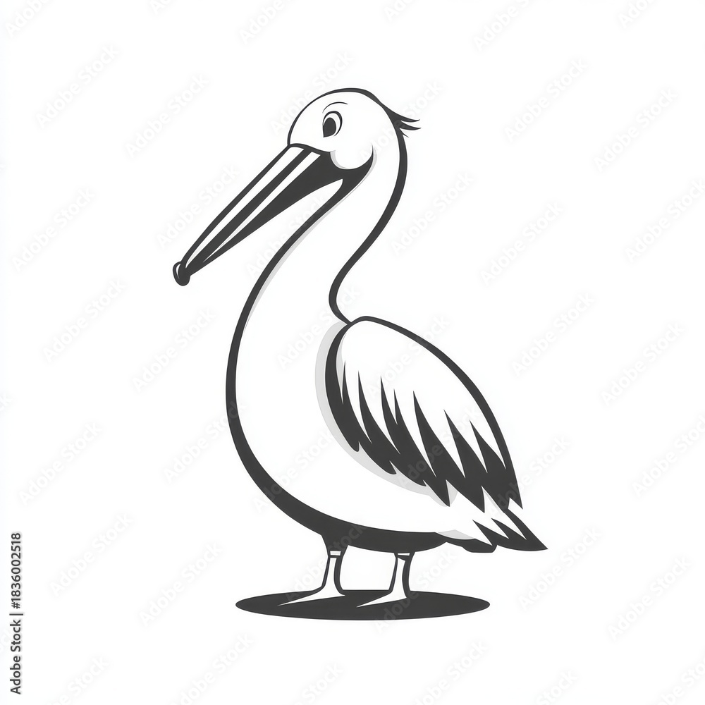 Fototapeta premium Monochrome depiction of a pelican standing tall, showcasing a minimalistic yet detailed line art style illustration, suitable for logos or icons