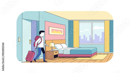 Excited traveler arriving in modern hotel room with cityscape view, ready for relaxing vacation or business trip after long journey, fresh start