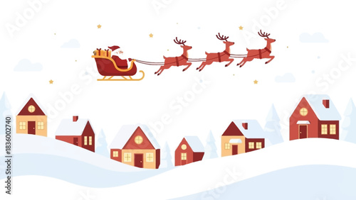 Santa's sleigh flying over snowy village spreading Christmas cheer, a magical winter wonderland scene perfect for seasonal greetings and holiday promotions