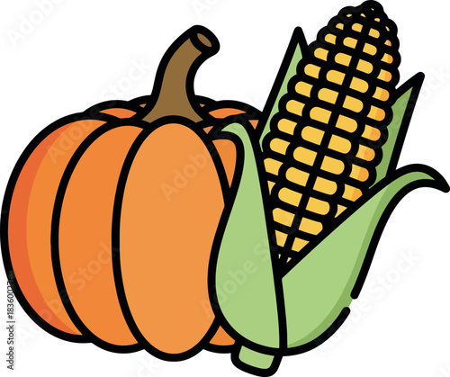 Vibrant Pumpkin and Corn Illustration for Autumn Harvest Season.