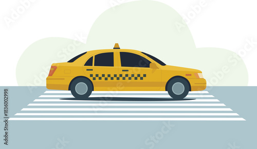 Yellow Cab on Pedestrian Crossing — Flat Vector Design