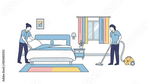 Hotel room service staff making the bed and vacuuming the floor for a clean and fresh guest experience, showing dedication to hospitality excellence