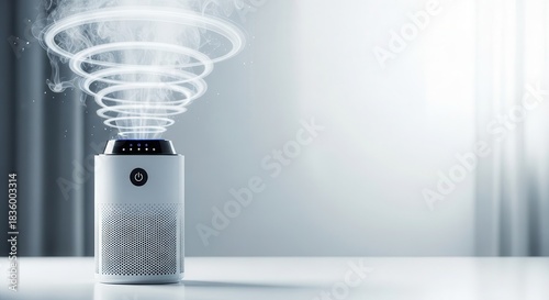 Cylindrical electronic purifier device actively cleans surrounding atmosphere with visible swirling air flow