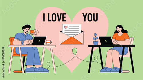 Couple using laptops to share long distance love message in heart illustration
