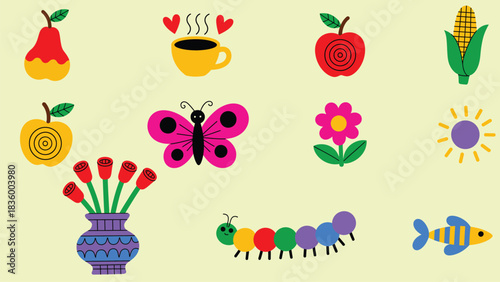 Colorful nature and food icons with butterfly flowers fruit fish and sun
