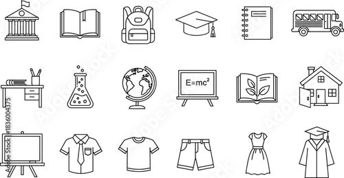 School, Academia, and Learning Line Icons Set: University, Textbook, Backpack, Graduation, Science, Classroom, and Education Outline Symbols.