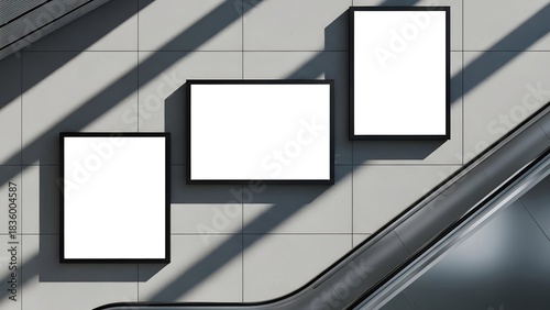 Three large rectangular advertising screens with blank white faces and sleek black frames mounted on a grainy-textured gray wall. The displays are arranged at staggered heights, creating a dynamic vis