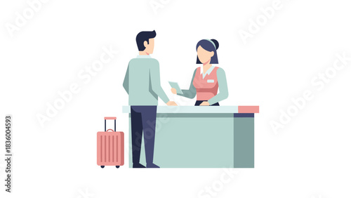 Modern travel illustration showing a guest checking in at the hotel reception desk with luggage, offering a welcoming travel experience for modern travellers