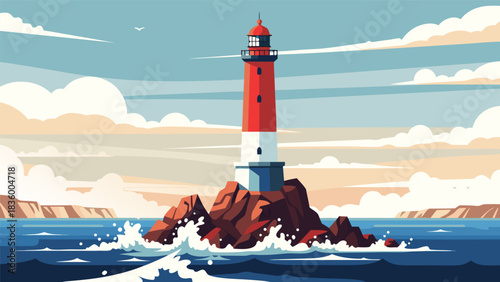 Red and White Lighthouse on Rocky Island Overlooking Ocean Horizon in Vector Illustration