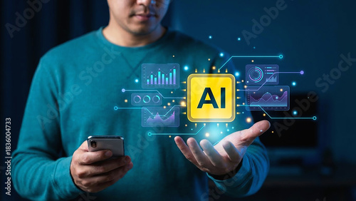 AI Technology Future Human and Machine Learning Innovation with Data Analysis Graph and Man Holding Smartphone