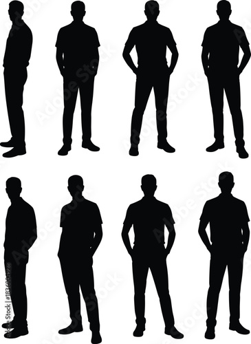 Standing male silhouette vector set, posture variation poses, black figure illustration, minimal human form design for character reference, body language study