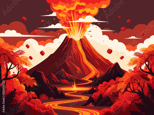 Volcano erupting with lava flow and fiery ash clouds over a dramatic landscape of autumn trees and mountains, illustration