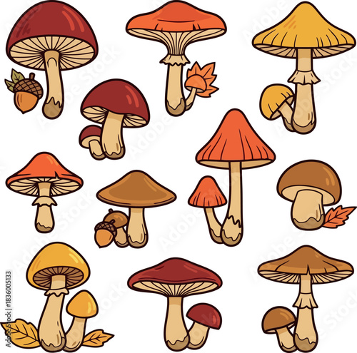 Collection of Colorful Cartoon Mushrooms with Various Shapes and Sizes.