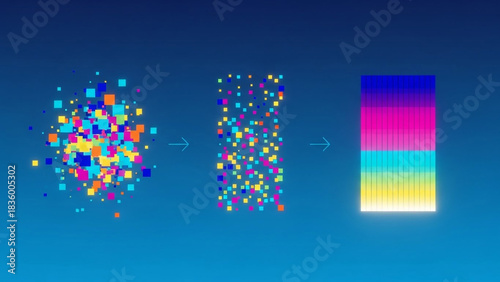 Dynamic process visualization showing chaotic data transforming into organized, vibrant color spectrum bars against a blue gradient
