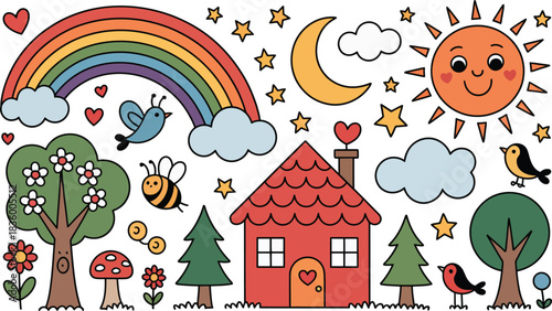 Cute doodle nature scene with rainbow house sun moon stars and animals
