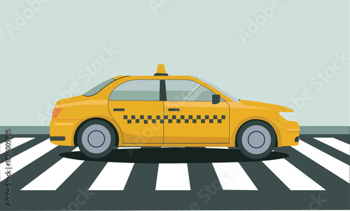 Yellow Taxi Car Side View on Road Crosswalk