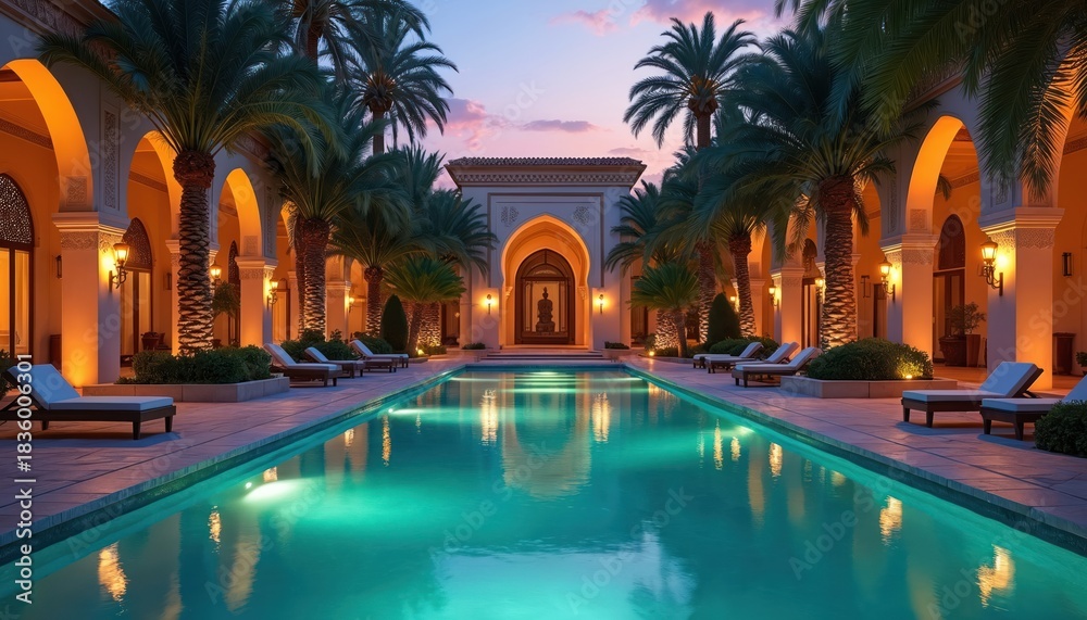 Naklejka premium Elegant hotel pool with beautiful Arabian architecture, palm trees at dusk. Warm lights illuminate building arches, serene turquoise water. Luxury resort offers tranquil vacation stay experience for