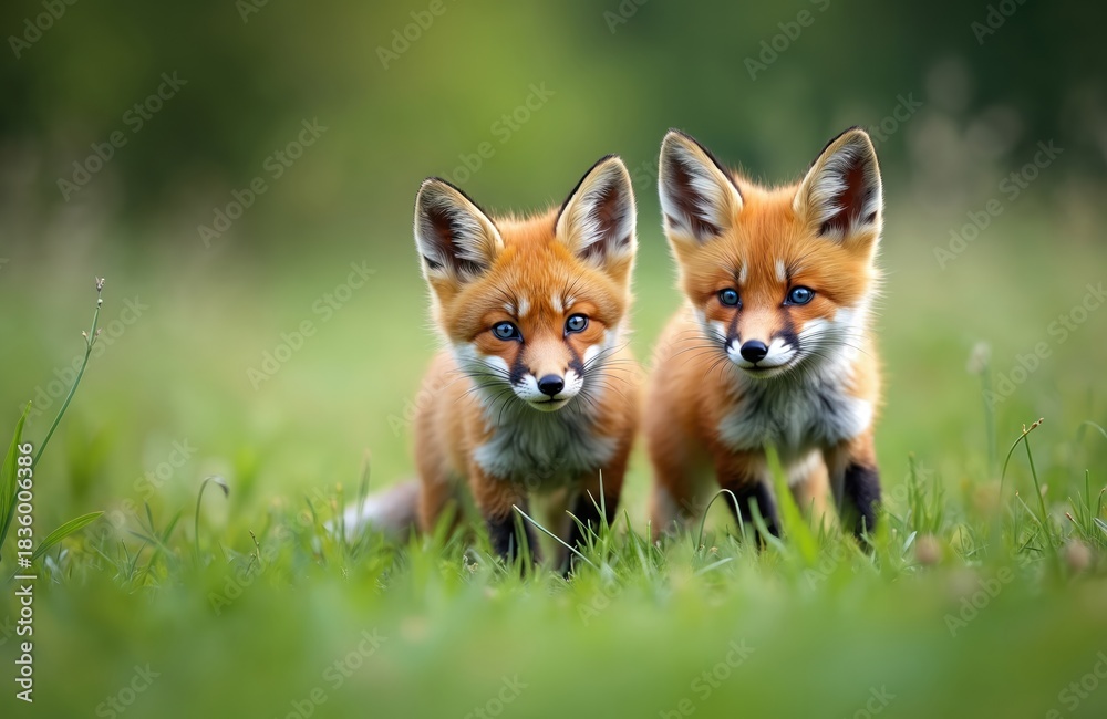 Naklejka premium Two young red foxes with blue eyes play in a grassy meadow on a sunny day. Their fluffy tails and pointed ears stand out against the green blur of nature.