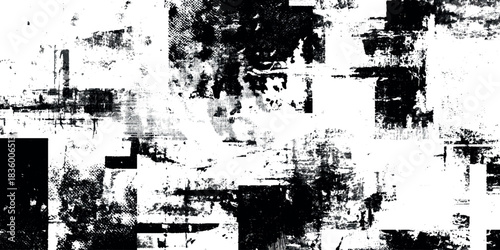 Abstract black and white grunge texture with distressed ink splatter overlay background for design element for posters, album covers.