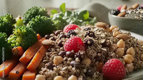Fresh fiber rich foods featuring broccoli, carrots, and nuts arranged artfully on a table inviting healthy habits with emphasis on variety in nutrition conceptually representing balanced diet.