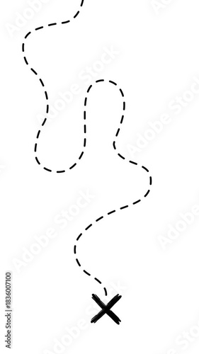 Treasure Map with black Dashed Line Path and X Marking the spot on white and green background	
