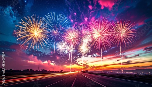 Fireworks night sky with long-exposure trails, vibrant colors, glowing festive particles, cinematic New Year atmosphere