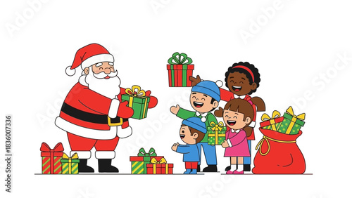 Santa Claus giving gifts to happy children, spreading holiday cheer and Christmas magic with cute cartoon illustration for festive seasonal greetings