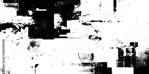 An abstract black and white grunge texture background and blocks against a white backdrop, creating a bold, graphic overlay.