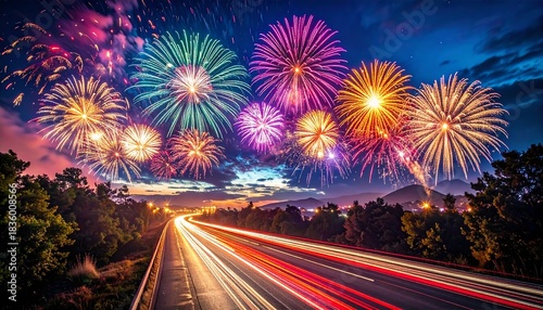 Fireworks night sky with long-exposure trails, vibrant colors, glowing festive particles, cinematic New Year atmosphere
