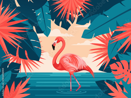 Vibrant illustration of a flamingo walking through tropical foliage with a sunset sky in the background, digital art
