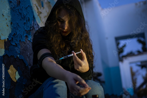 Slika na platnu Description: A young woman suffering from heroin overdose, depicting the severe consequences and tragedy of drug addiction in a gritty, realistic style for anti-drug campaigns