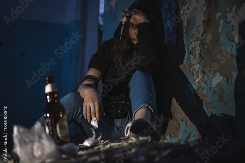 Wallpaper Mural A young woman suffering from heroin overdose, depicting the severe consequences and tragedy of drug addiction in a gritty, realistic style for anti-drug campaigns. Torontodigital.ca