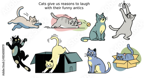 Funny cartoon cats collection. Cute kitten characters vector illustration set in various playful poses and emotions.