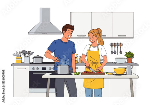 Culinary Duo in the Kitchen: A couple in a modern kitchen are engrossed in cooking activities. The male figure tending to a simmering pot, while the female expertly prepares ingredients.