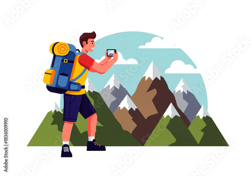 Adventure's Snapshot: A solo traveler, equipped with backpack, captures a stunning photo of snow-capped peaks, embodying the thrill of exploration and the beauty of the outdoors.