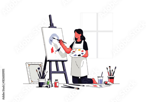 Brushstrokes of Inspiration: An artist meticulously crafts a painting, immersed in the creative process with palette and brush in hand, with focus and determination. 