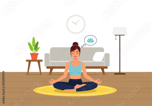 Serene Meditation: A woman in a yoga pose meditates peacefully, surrounded by the calming ambiance of her home, finding inner peace and mindfulness.