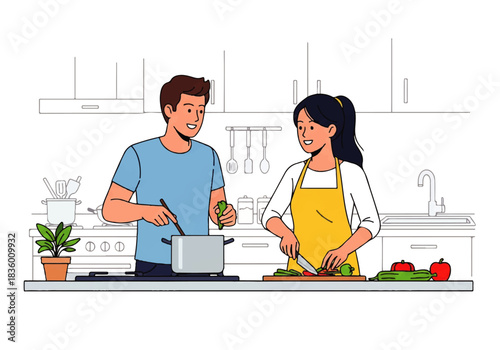Culinary Companionship: A vibrant scene unfolds as a couple collaborates in their modern kitchen, engaging in the art of food preparation with enthusiasm and warmth. 