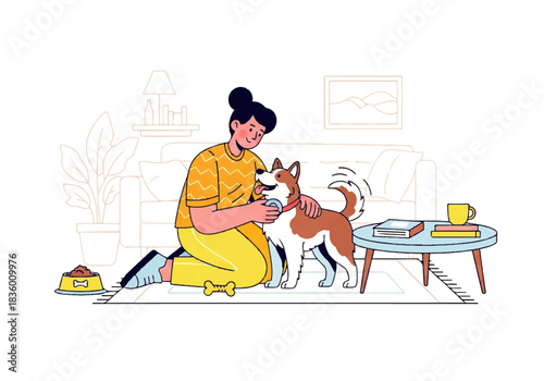 Affectionate Bonding: A woman and her canine companion share a moment of tender interaction in the warmth of home, surrounded by comforts.