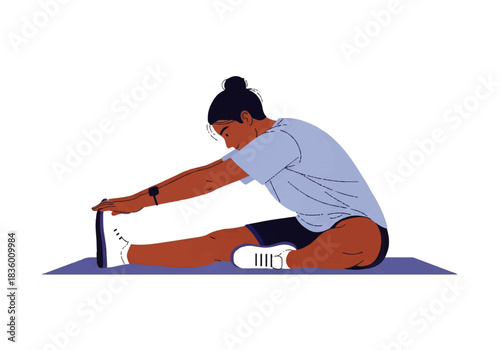Serene Stretch: A person performs a seated forward fold on a yoga mat, showcasing flexibility and wellness, emphasizing mindful movement and the pursuit of physical well-being.
