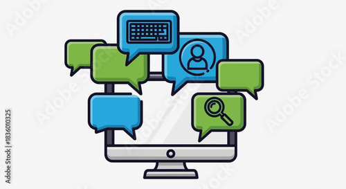 Computer screen with speech bubbles representing online communication and interaction.