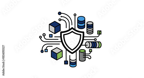 Digital security shield protecting data and information technology systems.