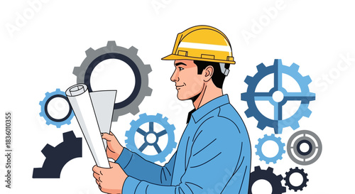 Engineer in hard hat reviewing blueprints with gears in the background construction concept.