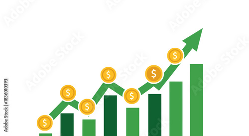 Financial growth chart with coins and upward arrow representing success and profit.