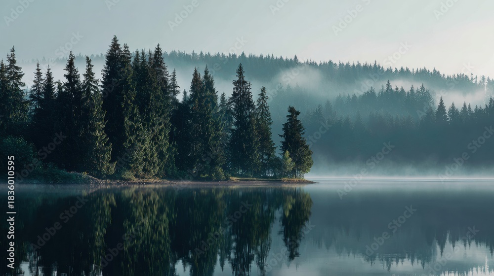 Obraz premium Fog Covers a Forest Lake in the Early Morning as Layers of Trees and Water Reflect the Soft Light of Dawn