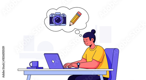 Man working on laptop with camera and pencil thought bubble creative concept.