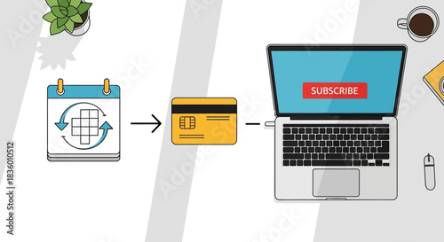 Online subscription process Calendar credit card and laptop with subscribe button.