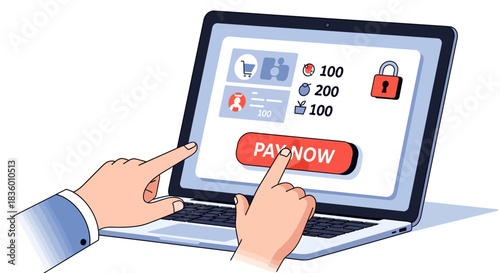 Online payment process on a laptop screen with a pay now button.