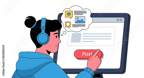 Person creating social media post with headphones and computer.