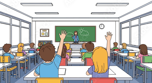 Students raising hands in a classroom eager to answer questions during a lesson.